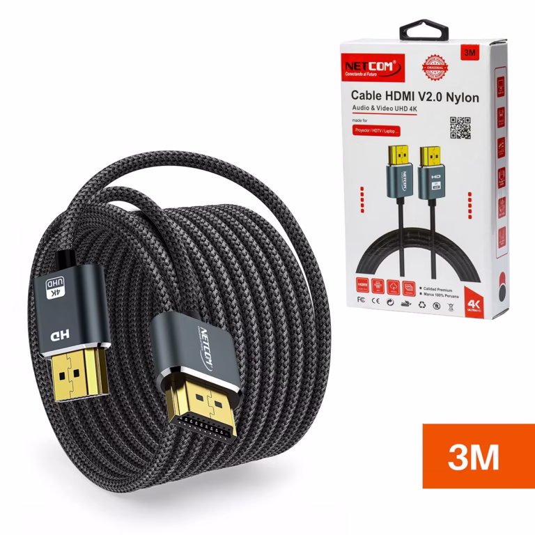 Cable HDMI 3MT Slim 4K Enmallado Ultra HD 60HZ v2.0 eARC NETCOM PE-HD0883, Cable HDMI 4K slim de 3 metros Netcom PE-HD0883, enmallado y con conectores de aleación de aluminio, un producto premium de HD Multimedia PERU SAC.