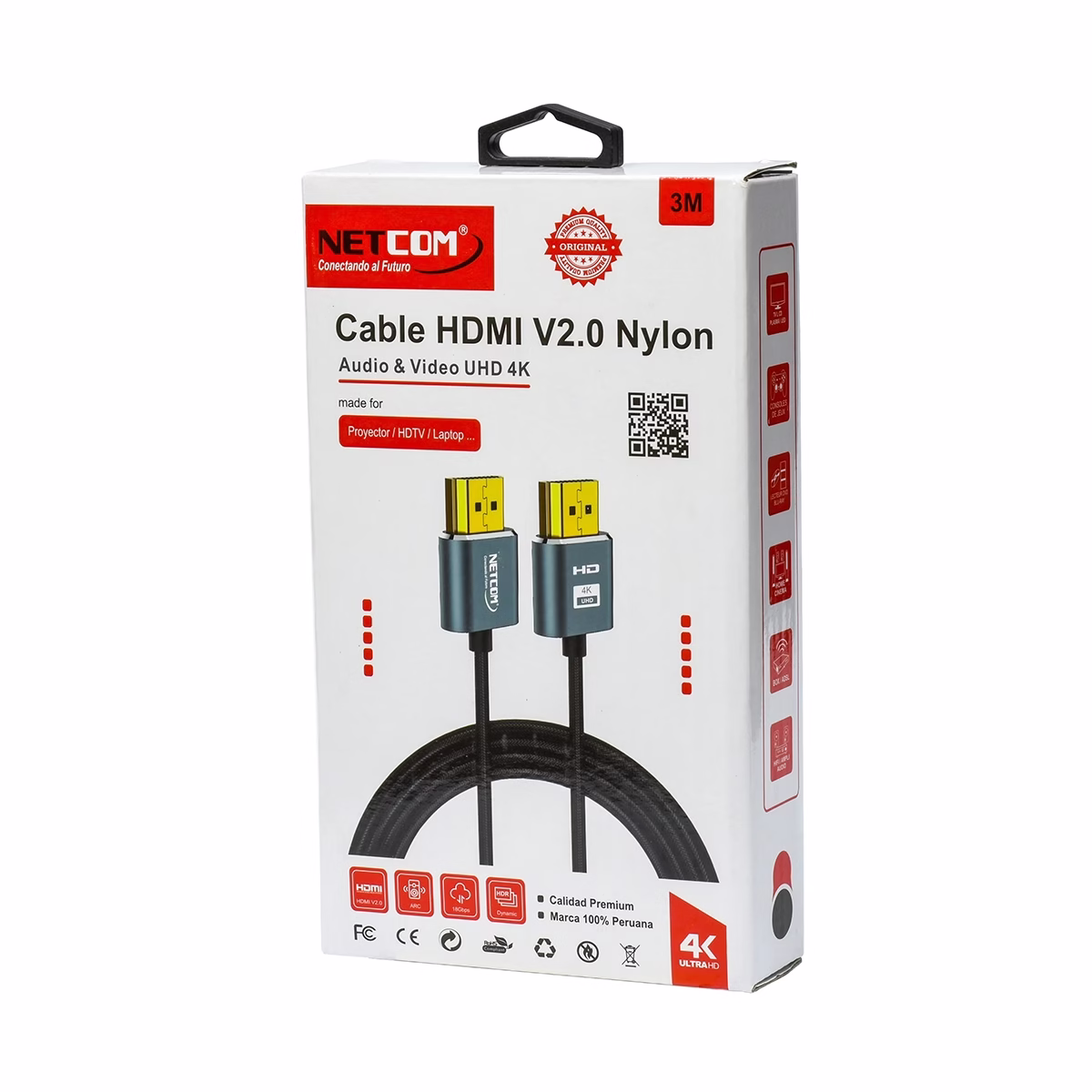 Cable HDMI 3MT Slim 4K Enmallado Ultra HD 60HZ v2.0 eARC NETCOM PE-HD0883 Cable HDMI 3MT Slim 4K Enmallado Ultra HD 60HZ v2.0 eARC NETCOM PE-HD0883, Cable HDMI 4K slim de 3 metros Netcom PE-HD0883, enmallado y con conectores de aleación de aluminio, un producto premium de HD Multimedia PERU SAC.