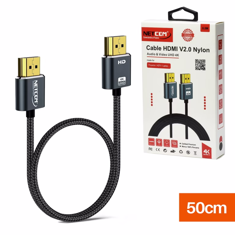 Cable HDMI 50cm Slim 4K Enmallado Ultra HD 60HZ v2.0 eARC NETCOM PE-HD0880, Cable HDMI 4K corto de 50cm Netcom PE-HD0880, slim y enmallado, con conectores de aleación de aluminio, un producto premium de HD Multimedia PERU SAC.