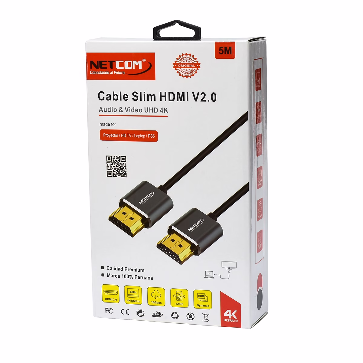 Cable HDMI 5MT 4K Slim Ultra HD 60Hz eARC v2.0 NETCOM PE-HD0894____05 Cable HDMI 5MT 4K Slim Ultra HD 60Hz eARC v2.0 NETCOM PE-HD0894: Audio y Video a distancias Largas y Discretas, Cable HDMI 4K slim de 5 metros Netcom PE-HD0894, 100% cobre, con conectores de aleación de aluminio y contactos dorados, un producto de HD Multimedia PERU SAC.