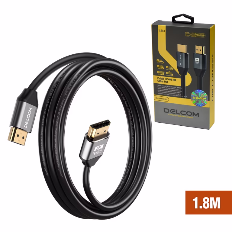 Cable HDMI 8K 1.8M Premium HDR 3D 48Gbps eARC Delcom DL-AH2102-01, Cable HDMI 8K 2.1 premium Delcom DL-AH2102-01 de 1.8 metros, con conectores de aluminio dorados, ideal para gaming 4K@120Hz en PS5, un producto de HD Multimedia PERU SAC.
