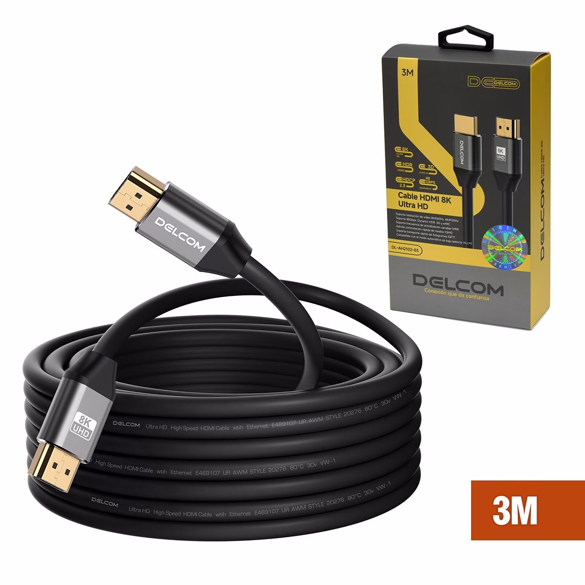 Cable HDMI 8K 3mt Premium HDR 3D 48Gbps eARC Delcom DL-AH2102-03______ Cable HDMI 8K 3mt Premium HDR 3D 48Gbps eARC Delcom DL-AH2102-03, Cable HDMI 8K premium Delcom DL-AH2102-03 de 3 metros, con conectores de aluminio dorados, ideal para gaming 4K@120Hz en PS5, un producto de HD Multimedia PERU SAC.