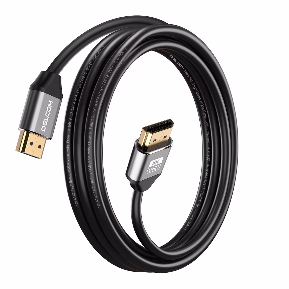 Cable HDMI 8K 3mt Premium HDR 3D 48Gbps eARC Delcom DL-AH2102-03 Cable HDMI 8K 3mt Premium HDR 3D 48Gbps eARC Delcom DL-AH2102-03, Cable HDMI 8K premium Delcom DL-AH2102-03 de 3 metros, con conectores de aluminio dorados, ideal para gaming 4K@120Hz en PS5, un producto de HD Multimedia PERU SAC.