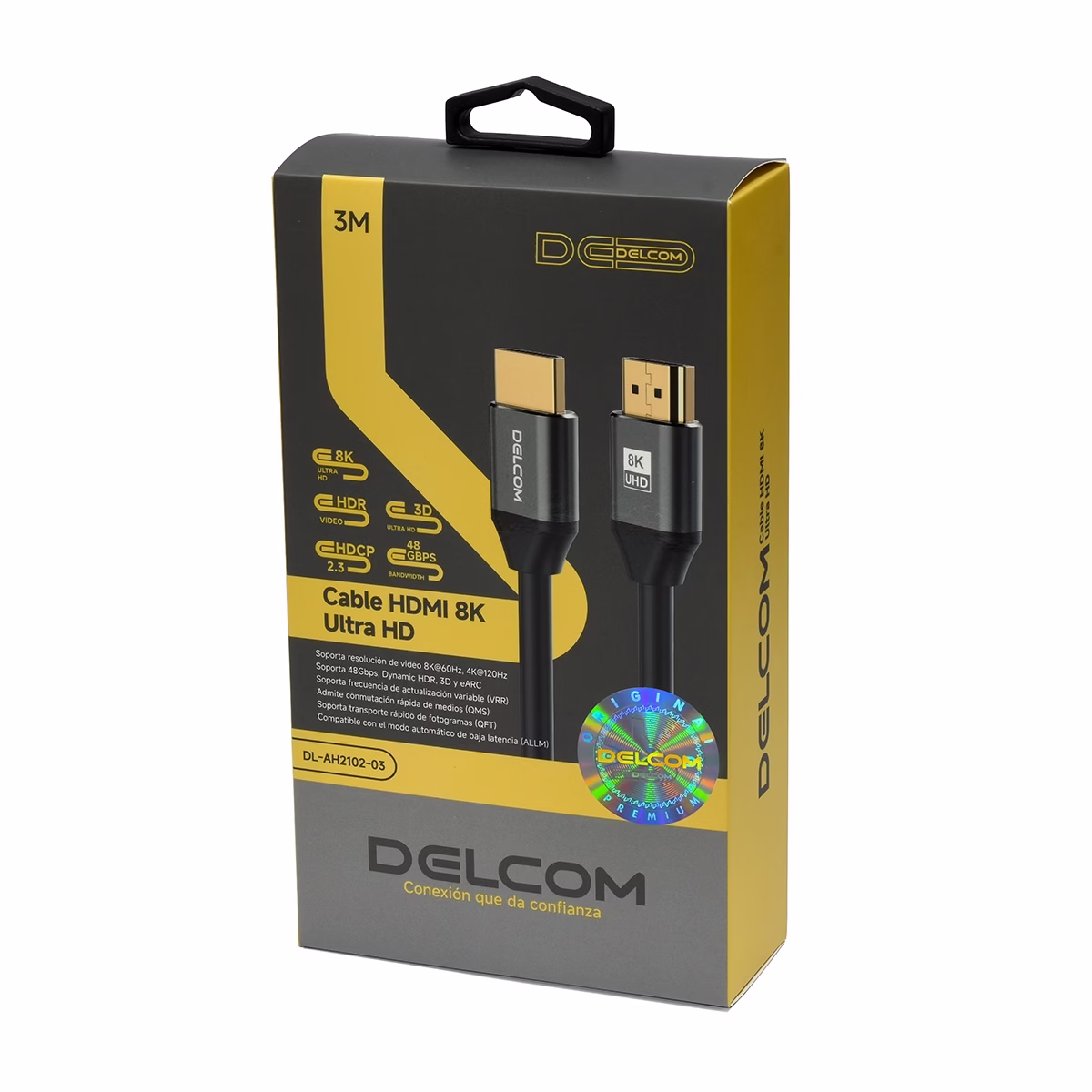 Cable HDMI 8K 3mt Premium HDR 3D 48Gbps eARC Delcom DL-AH2102-03 Cable HDMI 8K 3mt Premium HDR 3D 48Gbps eARC Delcom DL-AH2102-03, Cable HDMI 8K premium Delcom DL-AH2102-03 de 3 metros, con conectores de aluminio dorados, ideal para gaming 4K@120Hz en PS5, un producto de HD Multimedia PERU SAC.