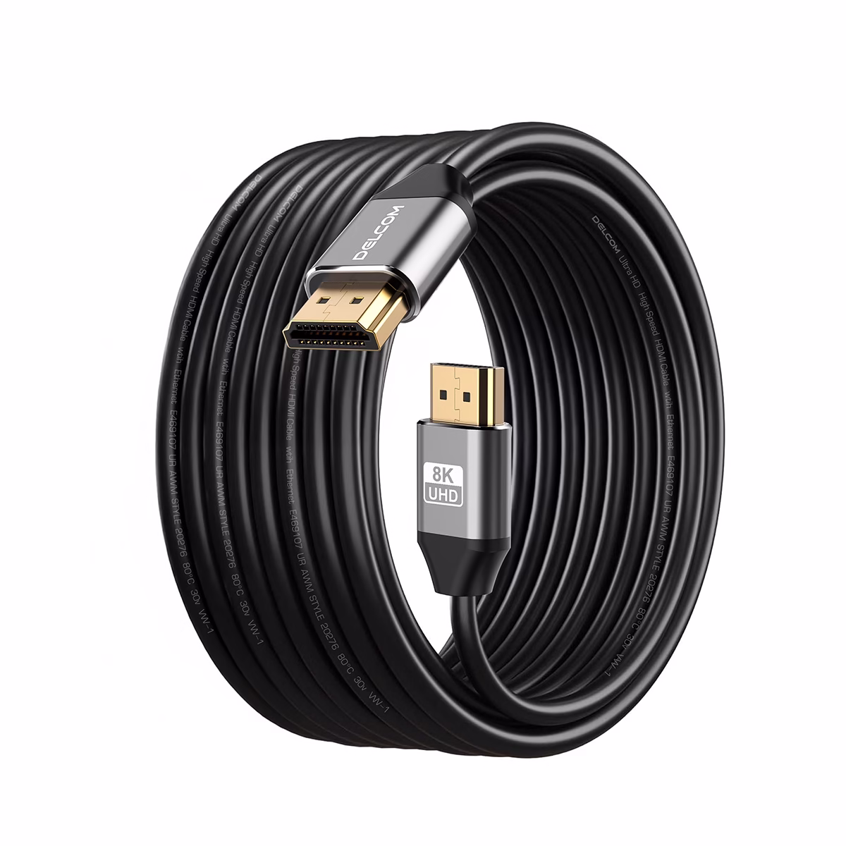 Cable HDMI 8K 5mt Premium HDR 3D 48Gbps eARC Delcom DL-AH2102-05 Cable HDMI 8K 5mt Premium HDR 3D 48Gbps eARC Delcom DL-AH2102-05, Cable HDMI 8K premium Delcom DL-AH2102-05 de 5 metros, con conectores de aluminio dorados, ideal para gaming 4K@120Hz en PS5, un producto de HD Multimedia PERU SAC.