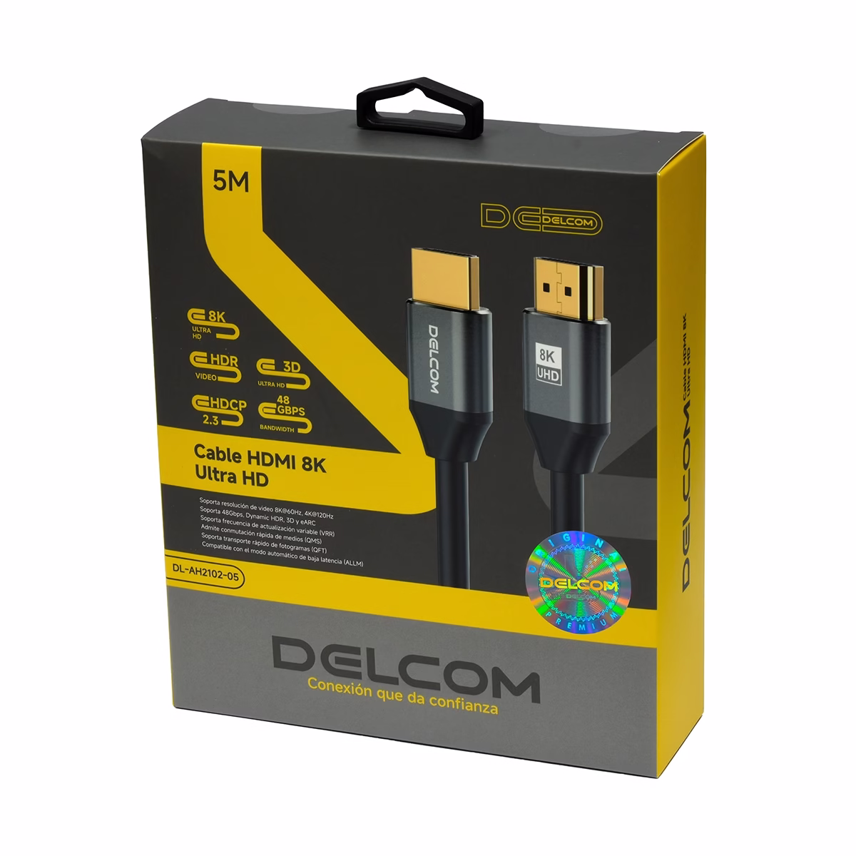 Cable HDMI 8K 5mt Premium HDR 3D 48Gbps eARC Delcom DL-AH2102-05 Cable HDMI 8K 5mt Premium HDR 3D 48Gbps eARC Delcom DL-AH2102-05, Cable HDMI 8K premium Delcom DL-AH2102-05 de 5 metros, con conectores de aluminio dorados, ideal para gaming 4K@120Hz en PS5, un producto de HD Multimedia PERU SAC.
