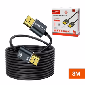 Cable HDMI 8MT 4K Slim Ultra HD 60Hz eARC v2.0 NETCOM PE-HD0895, Cable HDMI 4K slim de 8 metros Netcom PE-HD0895, 100% cobre, con conectores de aleación de aluminio y contactos dorados, un producto de HD Multimedia PERU SAC.