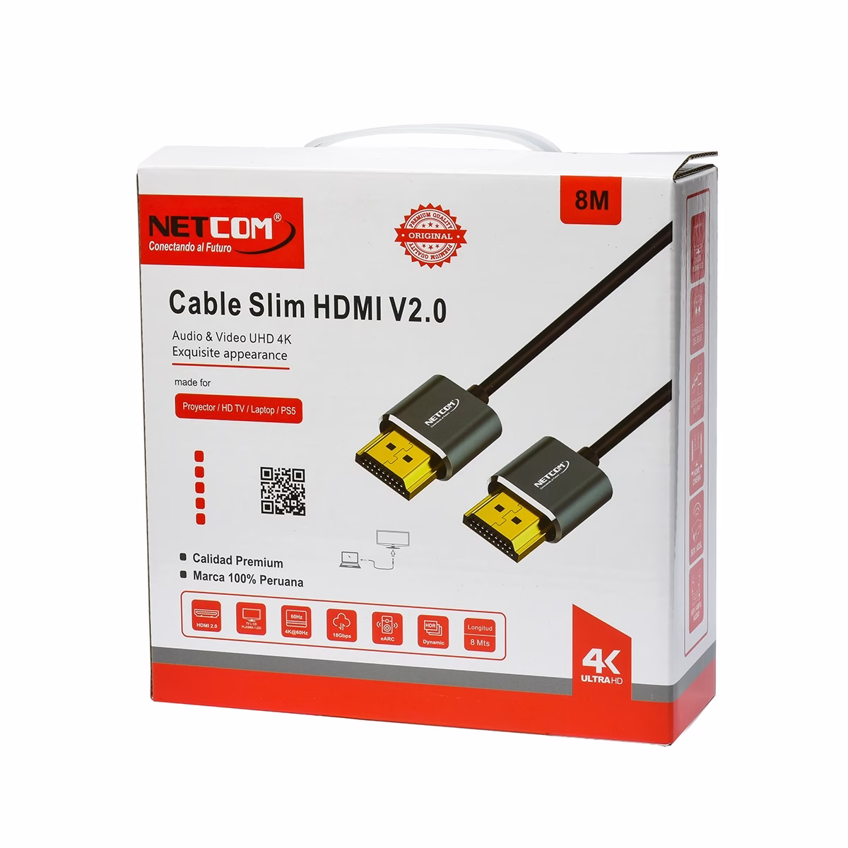 Cable HDMI 8MT 4K Slim Ultra HD 60Hz eARC v2.0 NETCOM PE-HD0895____05 Cable HDMI 8MT 4K Slim Ultra HD 60Hz eARC v2.0 NETCOM PE-HD0895, Cable HDMI 4K slim de 8 metros Netcom PE-HD0895, 100% cobre, con conectores de aleación de aluminio y contactos dorados, un producto de HD Multimedia PERU SAC.