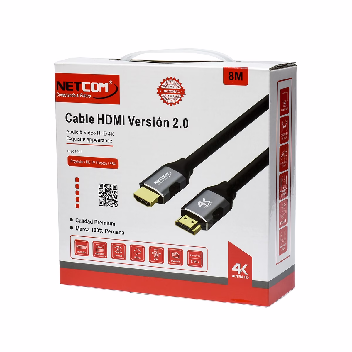 Cable HDMI 8MT 4K v2.0 60Hz 18Gbps 3D Full Cobre NETCOM PE-HD0108_____06 Cable HDMI 8MT 4K v2.0 60Hz 18Gbps 3D Full Cobre NETCOM PE-HD0108, Cable HDMI 4K de 8 metros Netcom PE-HD0108, 100% cobre, con conectores de aleación de aluminio y contactos dorados, un producto de HD Multimedia PERU SAC.