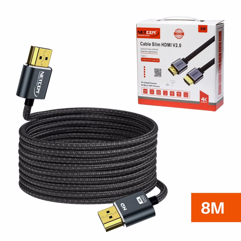 Cable HDMI 8MT Slim 4K Enmallado Ultra HD 60HZ v2.0 eARC NETCOM PE-HD0885, Cable HDMI 4K slim enmallado de 8 metros Netcom PE-HD0885, con conectores de aleación de aluminio y contactos dorados, un producto premium de HD Multimedia PERU SAC.