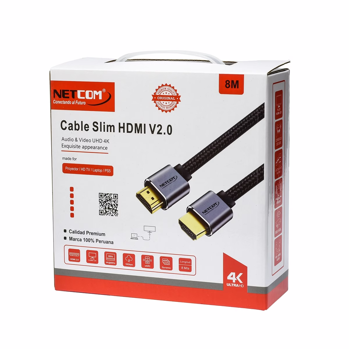 Cable HDMI 8MT Slim 4K Enmallado Ultra HD 60HZ v2.0 eARC NETCOM PE-HD0885 Cable HDMI 8MT Slim 4K Enmallado Ultra HD 60HZ v2.0 eARC NETCOM PE-HD0885, Cable HDMI 4K slim enmallado de 8 metros Netcom PE-HD0885, con conectores de aleación de aluminio y contactos dorados, un producto premium de HD Multimedia PERU SAC.