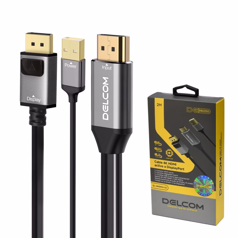 Cable HDMI a DisplayPort 4K Activo (2 Metros) 60Hz Ultra HD Delcom DL-HMDMU-02: Usa tus Monitores DP con un equipo HDMI, Cable conversor activo HDMI a DisplayPort Delcom DL-HMDMU-02 de 2 metros, mostrando el conector HDMI, el USB de alimentación y el conector DisplayPort, un producto de HD Multimedia PERU SAC.