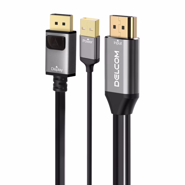 Cable HDMI a DisplayPort 4K Activo (2 Metros) 60Hz Ultra HD Delcom DL-HMDMU-02: Usa tus Monitores DP con un equipo HDMI, Cable conversor activo HDMI a DisplayPort Delcom DL-HMDMU-02 de 2 metros, mostrando el conector HDMI, el USB de alimentación y el conector DisplayPort, un producto de HD Multimedia PERU SAC.