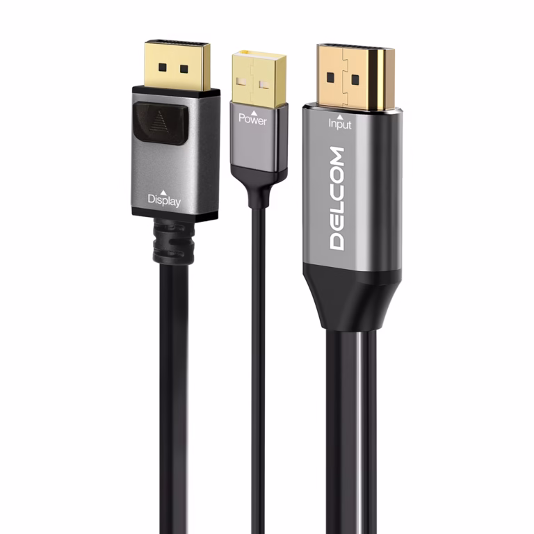 Cable HDMI a DisplayPort 4K Activo (2 Metros) 60Hz Ultra HD Delcom DL-HMDMU-02: Usa tus Monitores DP con un equipo HDMI, Cable conversor activo HDMI a DisplayPort Delcom DL-HMDMU-02 de 2 metros, mostrando el conector HDMI, el USB de alimentación y el conector DisplayPort, un producto de HD Multimedia PERU SAC.