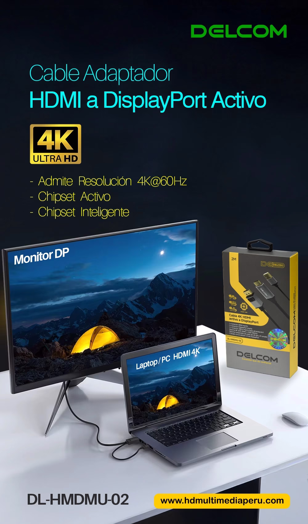 Cable HDMI a DisplayPort 4K Activo (2 Metros) 60Hz Ultra HD Delcom DL-HMDMU-02: Usa tus Monitores DP con un equipo HDMI, Cable conversor activo HDMI a DisplayPort Delcom DL-HMDMU-02 de 2 metros, mostrando el conector HDMI, el USB de alimentación y el conector DisplayPort, un producto de HD Multimedia PERU SAC.