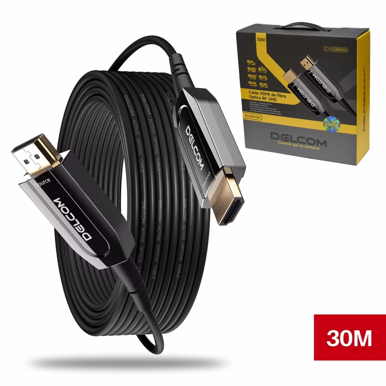 Cable HDMI 30MT 8K@60Hz en Fibra Optica AOC v2.1 Delcom DL-HAOC-030: ¡Calidad de Imagen Superior sin pérdidas y en Alta Velocidad!, Cable HDMI 2.1 de Fibra Óptica Activa (AOC) Delcom de 30 metros, mostrando sus conectores de aluminio dorados marcados como 'Source' y 'Display', un producto de HD Multimedia PERU SAC.