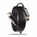 Cable HDMI 30MT 8K@60Hz en Fibra Optica AOC v2.1 Delcom DL-HAOC-030: ¡Calidad de Imagen Superior sin pérdidas y en Alta Velocidad!, Cable HDMI 2.1 de Fibra Óptica Activa (AOC) Delcom de 30 metros, mostrando sus conectores de aluminio dorados marcados como 'Source' y 'Display', un producto de HD Multimedia PERU SAC.