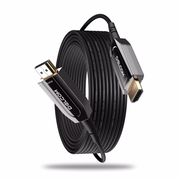 Cable HDMI 30MT 8K@60Hz en Fibra Optica AOC v2.1 Delcom DL-HAOC-030: ¡Calidad de Imagen Superior sin pérdidas y en Alta Velocidad!, Cable HDMI 2.1 de Fibra Óptica Activa (AOC) Delcom de 30 metros, mostrando sus conectores de aluminio dorados marcados como 'Source' y 'Display', un producto de HD Multimedia PERU SAC.