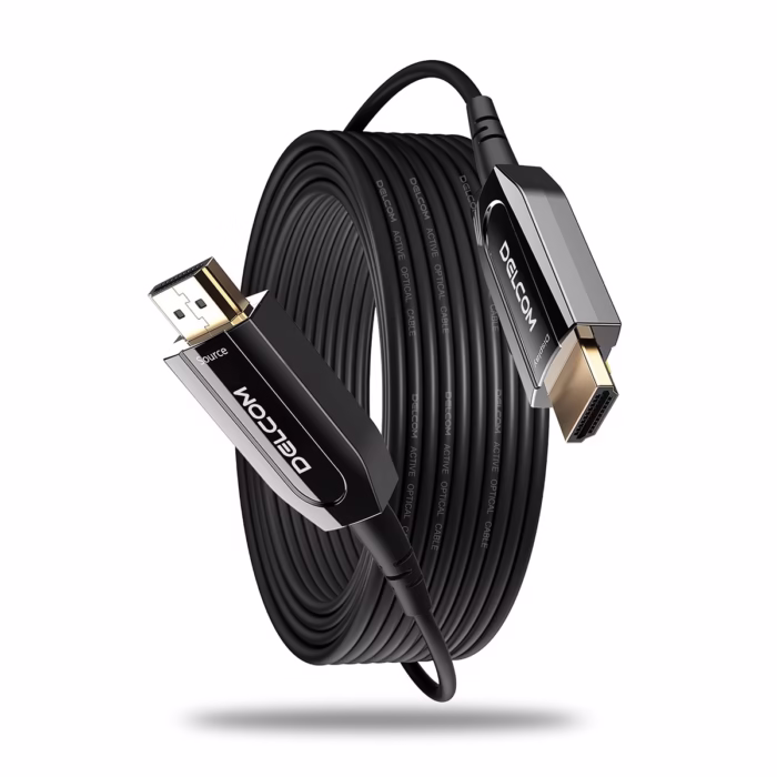 Cable HDMI MT KHz en Fibra Optica AOC v Delcom DL HAOC  Calidad de Imagen Superior sin pérdidas y en Alta Velocidad Cable HDMI  de Fibra Óptica Activa AOC Delcom de  metros mostrando sus conectores de aluminio dorados marcados como Source y Display un producto de HD Multimedia PERU SAC
