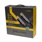 Cable HDMI 30MT 8K@60Hz en Fibra Optica AOC v2.1 Delcom DL-HAOC-030: ¡Calidad de Imagen Superior sin pérdidas y en Alta Velocidad!, Cable HDMI 2.1 de Fibra Óptica Activa (AOC) Delcom de 30 metros, mostrando sus conectores de aluminio dorados marcados como 'Source' y 'Display', un producto de HD Multimedia PERU SAC.