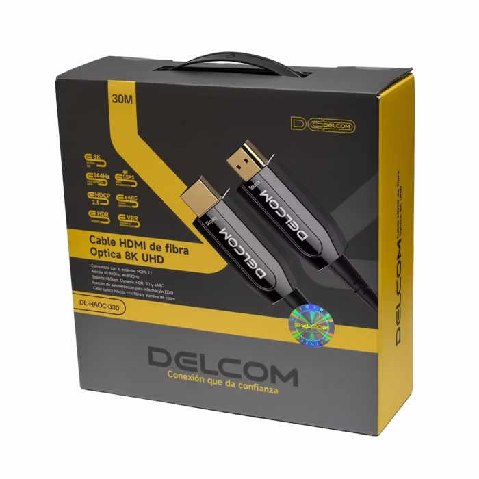 Cable HDMI MT KHz en Fibra Optica AOC v Delcom DL HAOC  Calidad de Imagen Superior sin pérdidas y en Alta Velocidad Cable HDMI  de Fibra Óptica Activa AOC Delcom de  metros mostrando sus conectores de aluminio dorados marcados como Source y Display un producto de HD Multimedia PERU SAC