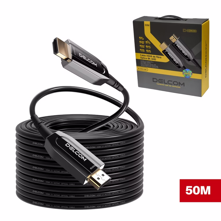Cable HDMI 50MT 8K@60Hz en Fibra Optica AOC v2.1 HDR eARC 48Gbps Delcom DL-HAOC-050, Cable HDMI 2.1 de Fibra Óptica Activa (AOC) Delcom de 50 metros, mostrando sus conectores metálicos dorados marcados como 'Source' y 'Display', un producto de HD Multimedia PERU SAC.