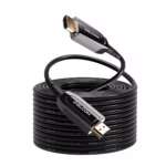 Cable HDMI 50MT 8K@60Hz en Fibra Optica AOC v2.1 HDR eARC 48Gbps Delcom DL-HAOC-050, Cable HDMI 2.1 de Fibra Óptica Activa (AOC) Delcom de 50 metros, mostrando sus conectores metálicos dorados marcados como 'Source' y 'Display', un producto de HD Multimedia PERU SAC.