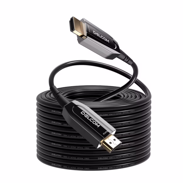 Cable HDMI 50MT 8K@60Hz en Fibra Optica AOC v2.1 HDR eARC 48Gbps Delcom DL-HAOC-050, Cable HDMI 2.1 de Fibra Óptica Activa (AOC) Delcom de 50 metros, mostrando sus conectores metálicos dorados marcados como 'Source' y 'Display', un producto de HD Multimedia PERU SAC.