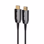 Cable HDMI 50MT 8K@60Hz en Fibra Optica AOC v2.1 HDR eARC 48Gbps Delcom DL-HAOC-050, Cable HDMI 2.1 de Fibra Óptica Activa (AOC) Delcom de 50 metros, mostrando sus conectores metálicos dorados marcados como 'Source' y 'Display', un producto de HD Multimedia PERU SAC.