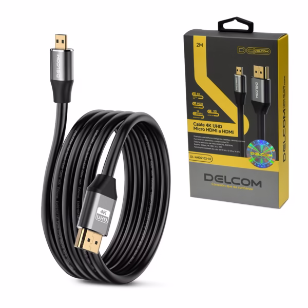 Cable Micro HDMI 2MT 4K UHD Premium HDR 18Gbps 3D ARC Delcom DL-AHD2102-02, Cable Micro HDMI a HDMI 4K de 2 metros Delcom DL-AHD2102-02 con conectores de aleación de aluminio, un producto premium de HD Multimedia PERU SAC.