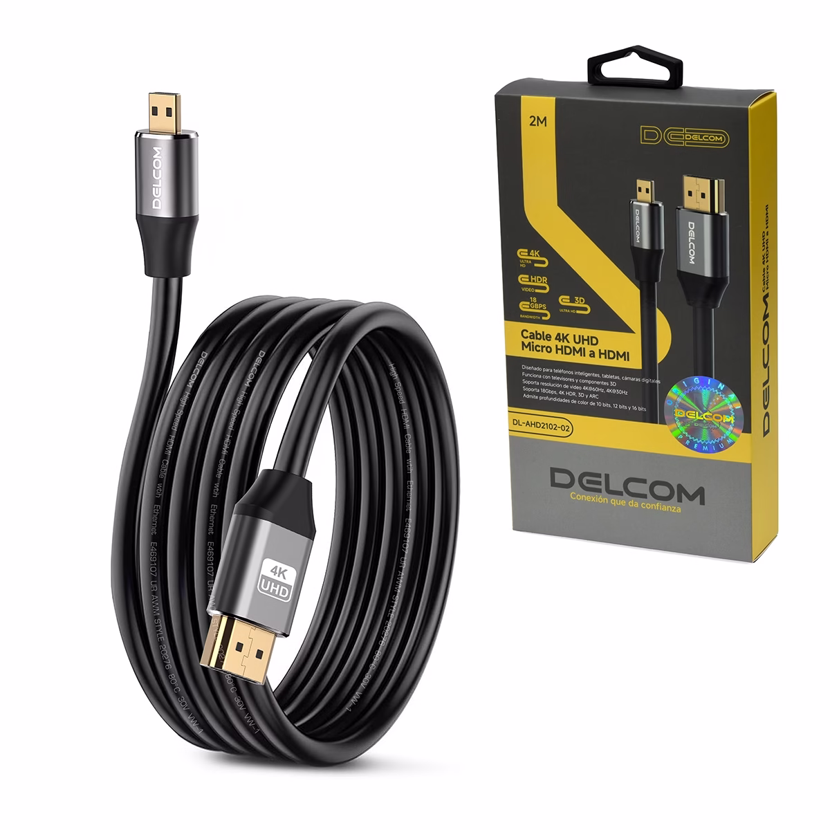 Cable Micro HDMI 2MT 4K UHD Premium HDR 18Gbps 3D HDR eARC Delcom DL-AHD2102-02____ Cable Micro HDMI 2MT 4K UHD Premium HDR 18Gbps 3D ARC Delcom DL-AHD2102-02, Cable Micro HDMI a HDMI 4K de 2 metros Delcom DL-AHD2102-02 con conectores de aleación de aluminio, un producto premium de HD Multimedia PERU SAC.