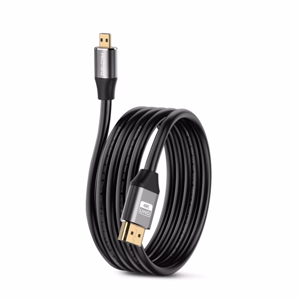 Cable Micro HDMI 2MT 4K UHD Premium HDR 18Gbps 3D ARC Delcom DL-AHD2102-02, Cable Micro HDMI a HDMI 4K de 2 metros Delcom DL-AHD2102-02 con conectores de aleación de aluminio, un producto premium de HD Multimedia PERU SAC.