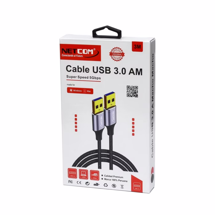 Cable USB  de  Metros NETCOM PE AM La Conexión Especializada que Necesitas Cable USB  premium de  metros Netcom PE AM mostrando sus dos conectores macho USB A con cabezales de aleación de aluminio un producto de HD Multimedia PERU SAC