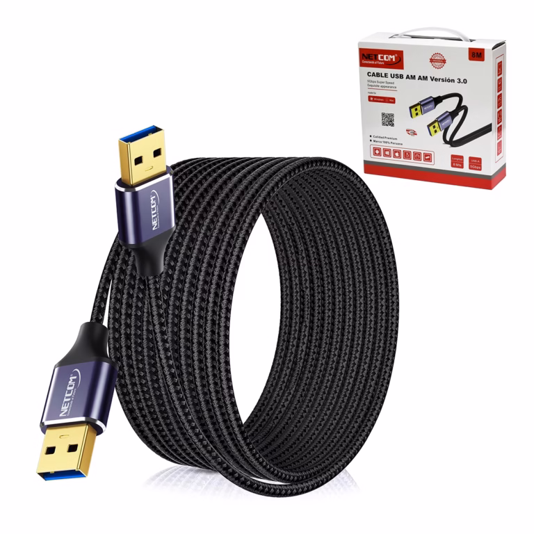 Cable USB-A de 8 Metros USB 3.0 Macho a Macho NETCOM PE-AM0308: Máximo Alcance para tus Dispositivos, Cable USB 3.0 premium de 8 metros Netcom PE-AM0308, mostrando sus dos conectores macho USB-A con cabezales de aleación de aluminio, un producto de HD Multimedia PERU SAC.