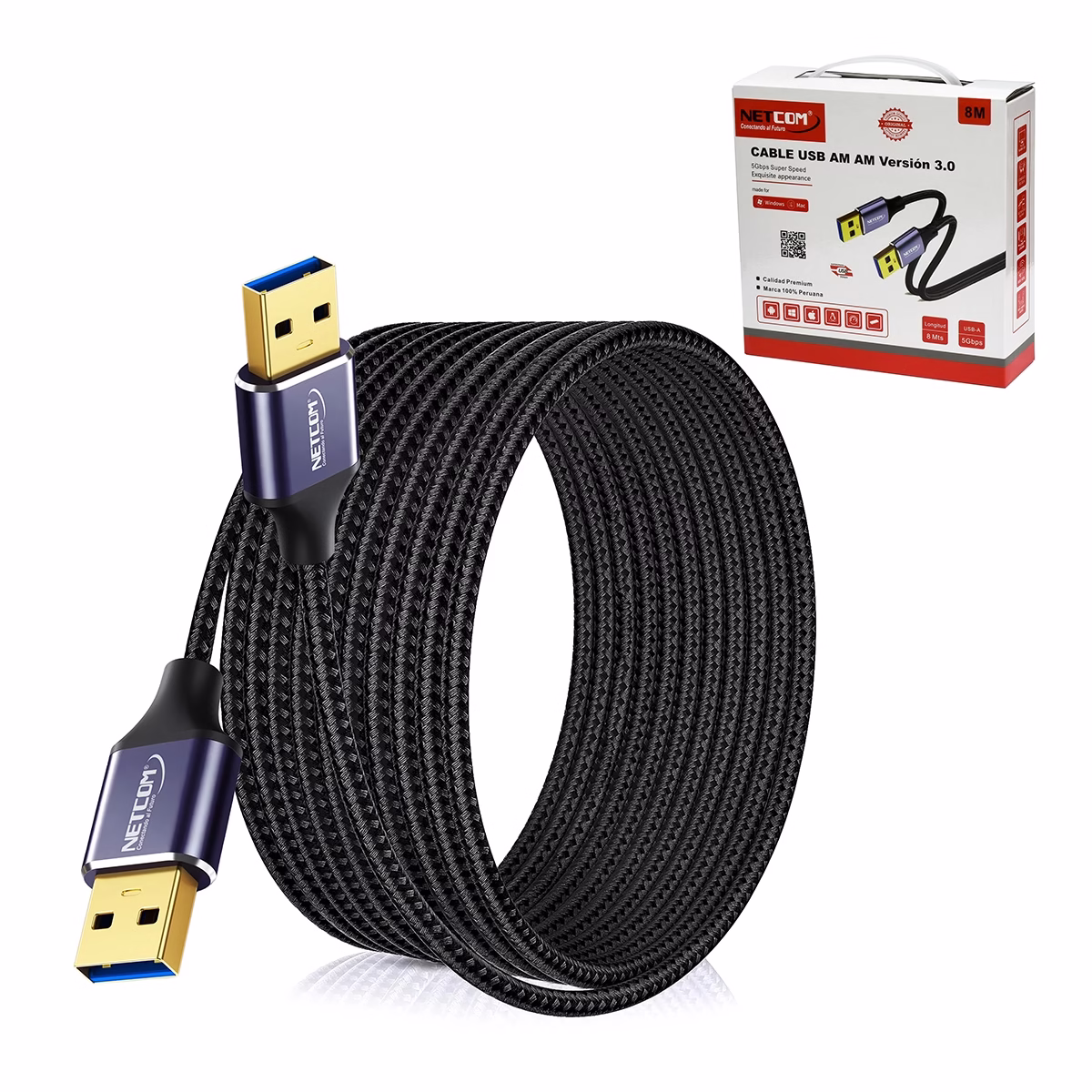 Cable USB-A de 8 Metros USB 3.0 Macho a Macho 5Gbps NETCOM PE-AM0308___ Cable USB-A de 8 Metros USB 3.0 Macho a Macho NETCOM PE-AM0308: Máximo Alcance para tus Dispositivos, Cable USB 3.0 premium de 8 metros Netcom PE-AM0308, mostrando sus dos conectores macho USB-A con cabezales de aleación de aluminio, un producto de HD Multimedia PERU SAC.