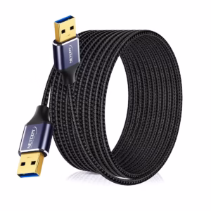 Cable USB-A de 8 Metros USB 3.0 Macho a Macho NETCOM PE-AM0308: Máximo Alcance para tus Dispositivos, Cable USB 3.0 premium de 8 metros Netcom PE-AM0308, mostrando sus dos conectores macho USB-A con cabezales de aleación de aluminio, un producto de HD Multimedia PERU SAC.