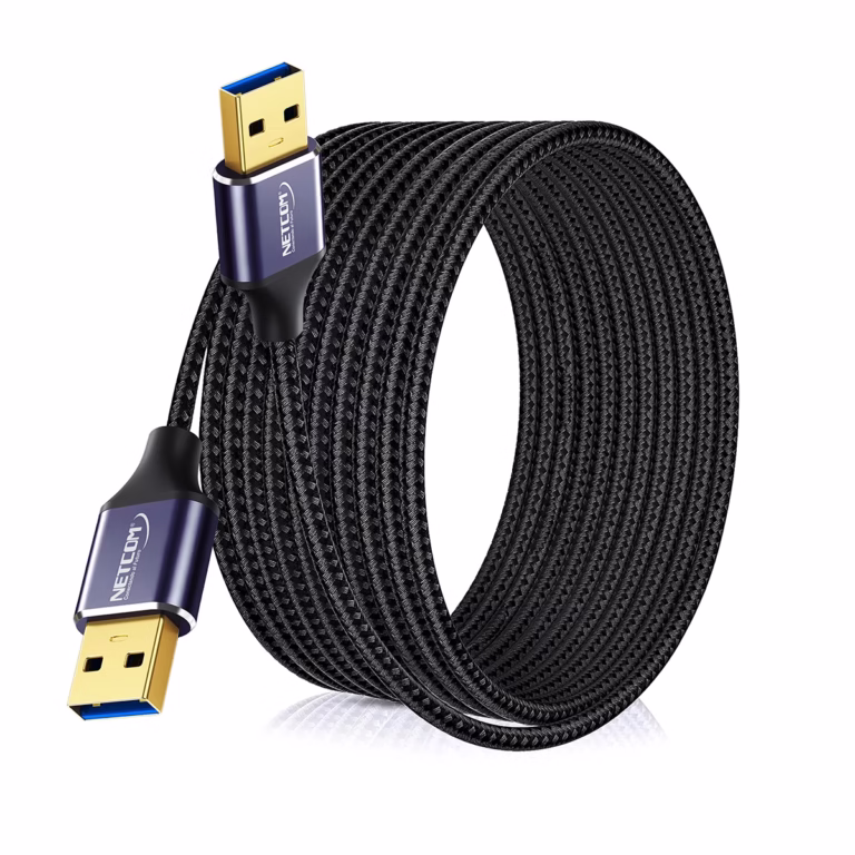 Cable USB-A de 8 Metros USB 3.0 Macho a Macho NETCOM PE-AM0308: Máximo Alcance para tus Dispositivos, Cable USB 3.0 premium de 8 metros Netcom PE-AM0308, mostrando sus dos conectores macho USB-A con cabezales de aleación de aluminio, un producto de HD Multimedia PERU SAC.