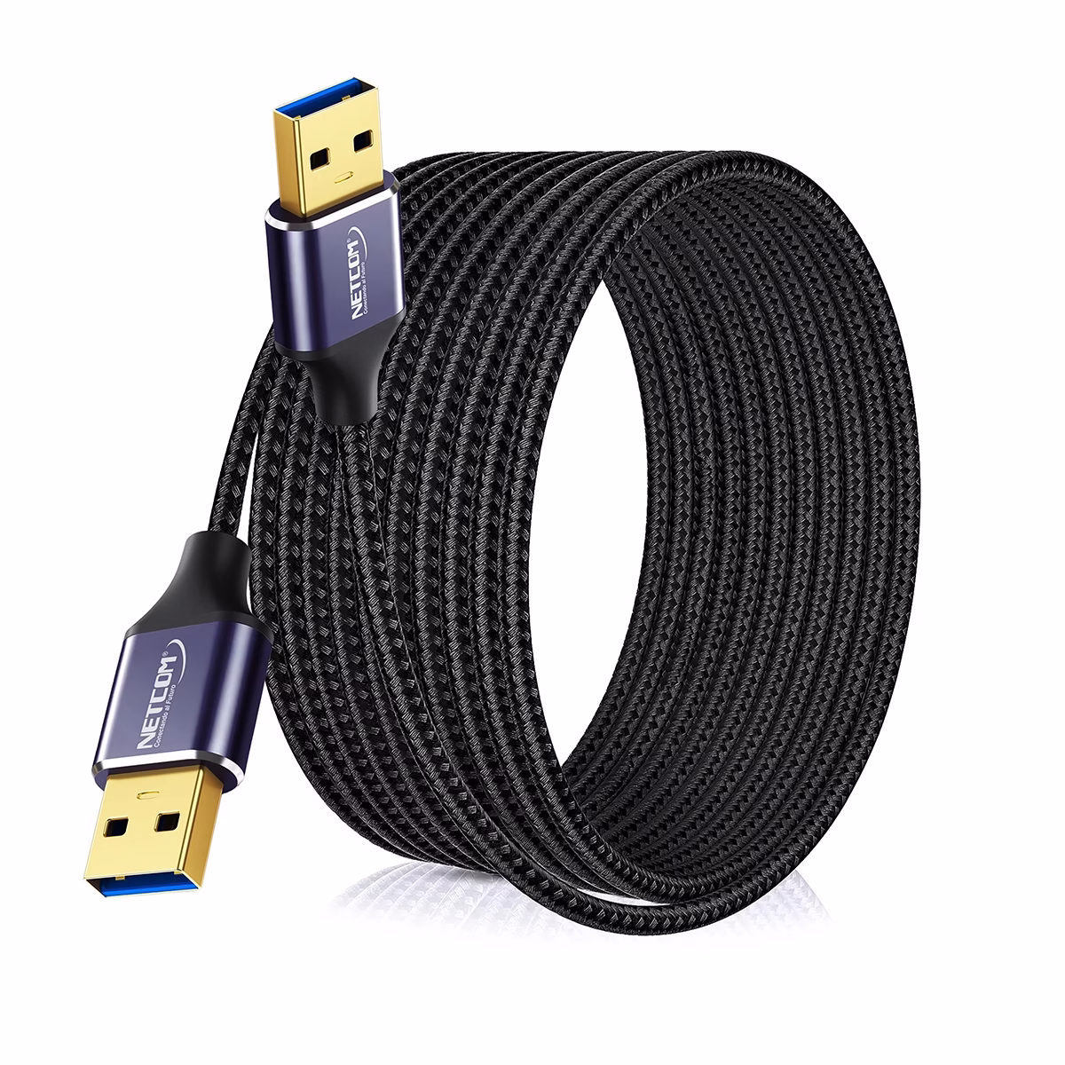 Cable USB-A de 8 Metros USB 3.0 Macho a Macho NETCOM PE-AM0308: Máximo Alcance para tus Dispositivos Cable USB-A de 8 Metros USB 3.0 Macho a Macho NETCOM PE-AM0308: Máximo Alcance para tus Dispositivos, Cable USB 3.0 premium de 8 metros Netcom PE-AM0308, mostrando sus dos conectores macho USB-A con cabezales de aleación de aluminio, un producto de HD Multimedia PERU SAC.