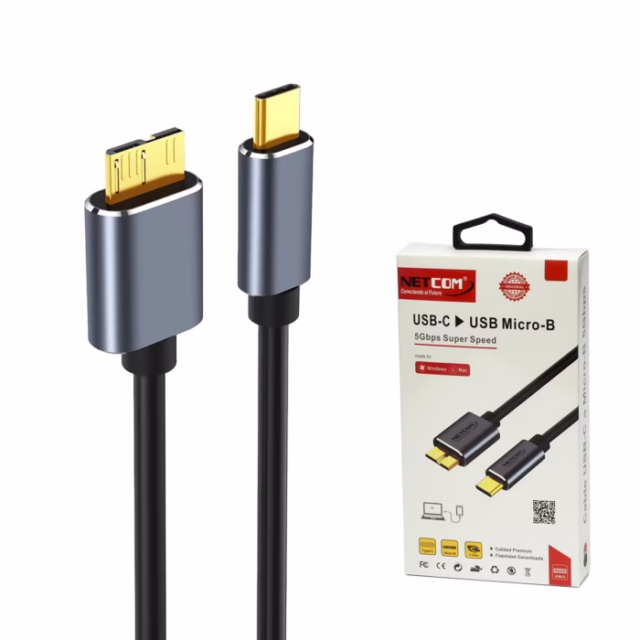 Cable USB C a Micro B de MT para Disco Duro Externo NETCOM PE CA El Cable ideal para tu Disco Externo Cable USB C a Micro B  de  metro Netcom PE CA mostrando el conector USB C y el conector ancho Micro B  para discos duros un producto de HD Multimedia PERU SAC