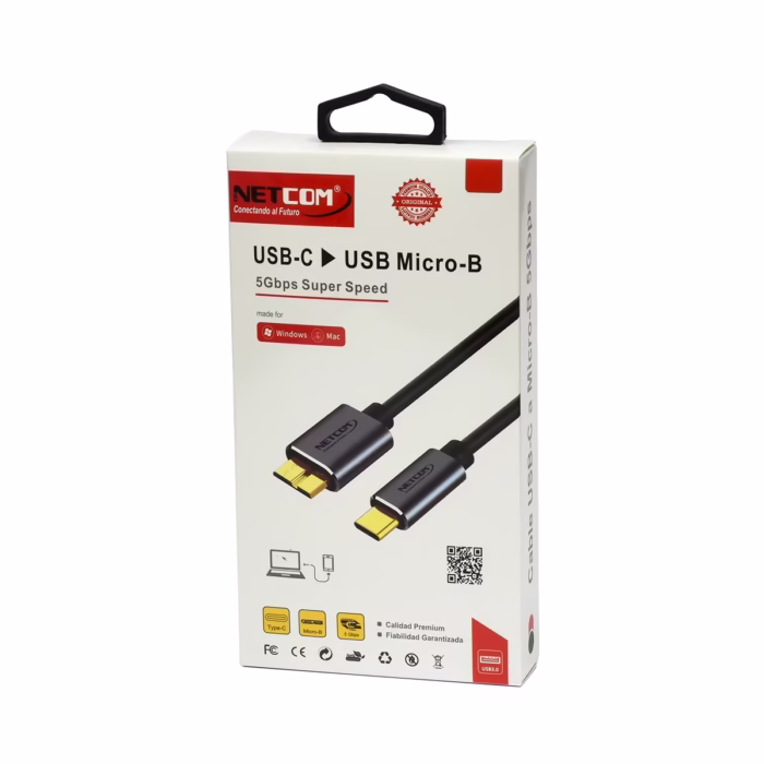 Cable USB C a Micro B de MT para Disco Duro Externo NETCOM PE CA El Cable ideal para tu Disco Externo Cable USB C a Micro B  de  metro Netcom PE CA mostrando el conector USB C y el conector ancho Micro B  para discos duros un producto de HD Multimedia PERU SAC