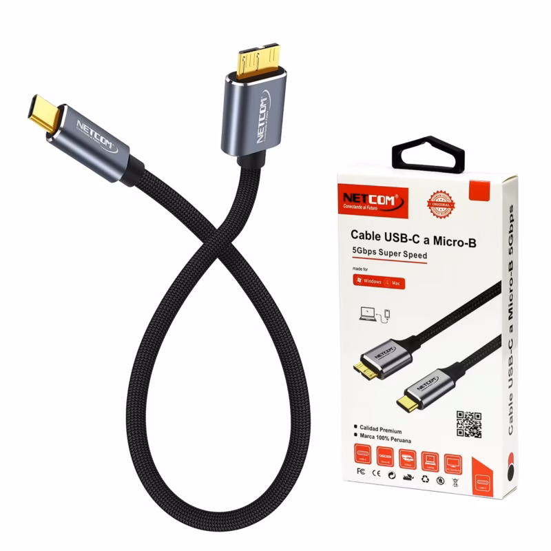 Cable USB C a Micro B de cm Enmallado NETCOM PE CA La Conexión Perfecta para tu Disco Duro Portátil