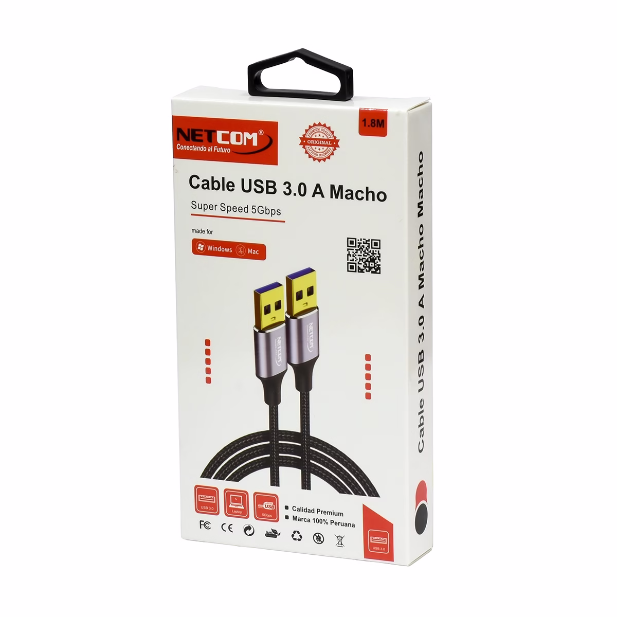 Cable USB Macho 1.8 Metros USB 3.0 5Gbps NETCOM PE-US0032 La Conexión Especializada que Necesitas: Cable USB 3.0 Macho a Macho Premium de 1.8 Metros Netcom, Cable USB 3.0 premium de 1.8 metros Netcom PE-AM0303, mostrando sus dos conectores macho USB-A con cabezales de aleación de aluminio, un producto de HD Multimedia PERU SAC. Cable USB Macho 1.8 Metros USB 3.0 5Gbps NETCOM PE-US0032
