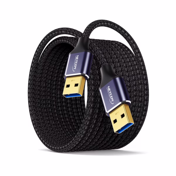 Cable USB Macho 10 Metros USB 3.0 5Gbps NETCOM PE-AM0310: Máximo Alcance para tus Periféricos, Cable USB 3.0 premium de 10 metros Netcom PE-AM0310, mostrando sus dos conectores macho USB-A con cabezales de aleación de aluminio, un producto de HD Multimedia PERU SAC.