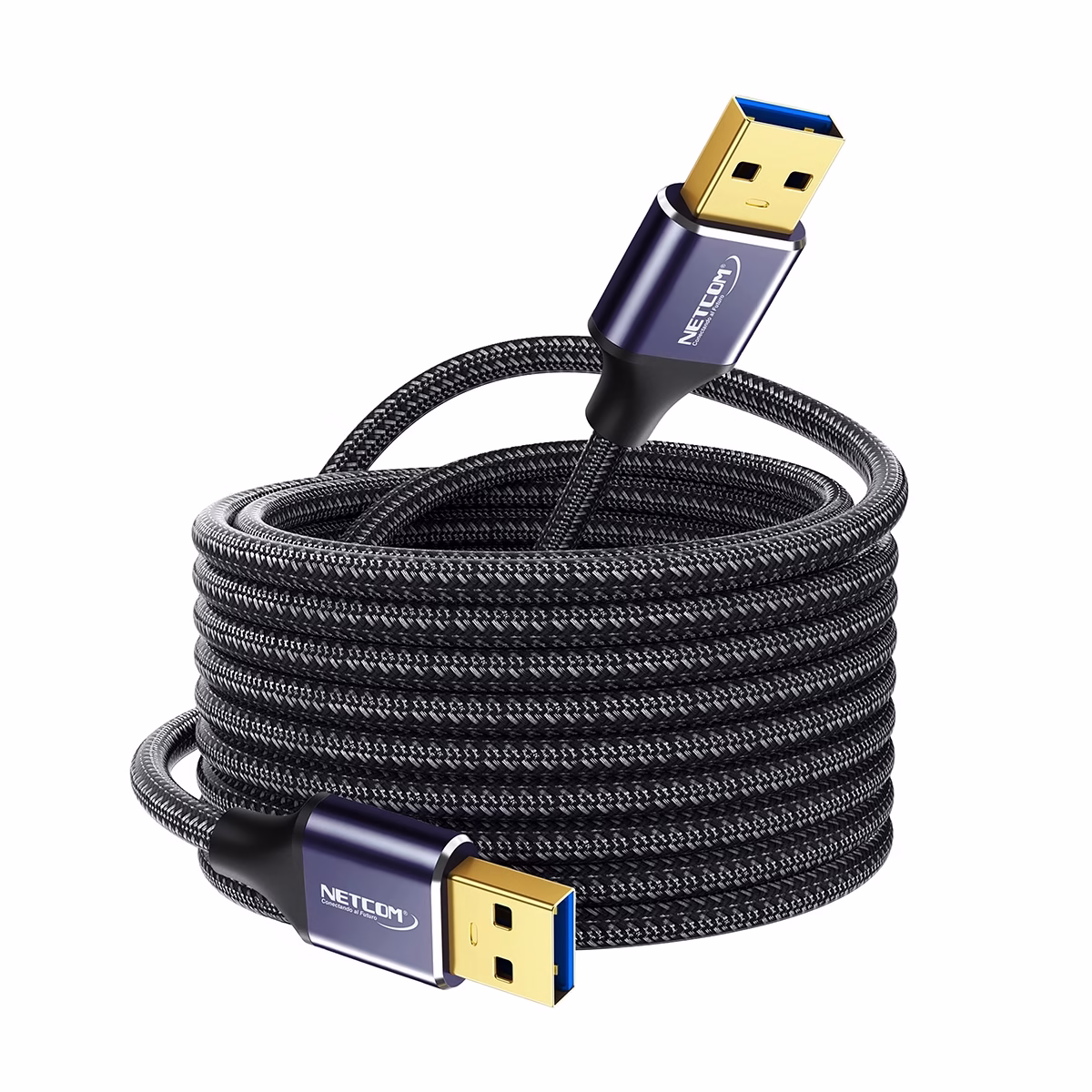 Cable USB Macho 10 Metros USB 3.0 5Gbps NETCOM PE-AM0310___02 Cable USB Macho 10 Metros USB 3.0 5Gbps NETCOM PE-AM0310: Máximo Alcance para tus Periféricos, Cable USB 3.0 premium de 10 metros Netcom PE-AM0310, mostrando sus dos conectores macho USB-A con cabezales de aleación de aluminio, un producto de HD Multimedia PERU SAC.