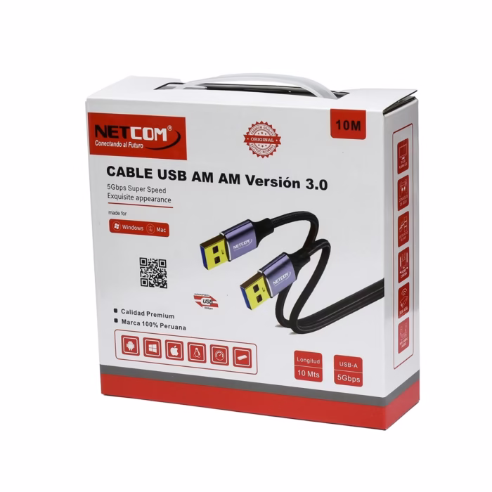 Cable USB Macho  Metros USB  Gbps NETCOM PE AM Máximo Alcance para tus Periféricos Cable USB  premium de  metros Netcom PE AM mostrando sus dos conectores macho USB A con cabezales de aleación de aluminio un producto de HD Multimedia PERU SAC