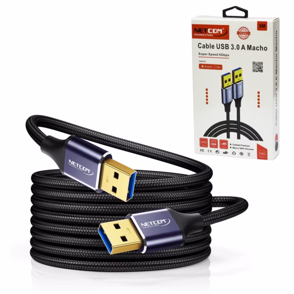 Cable USB Macho a Macho de 5MT USB 3.0 5Gbps NETCOM PE-US0035: Máximo Alcance para tus Periféricos, Cable USB 3.0 premium de 5 metros Netcom PE-US0035, mostrando sus dos conectores macho USB-A con cabezales de aleación de aluminio, un producto de HD Multimedia PERU SAC.