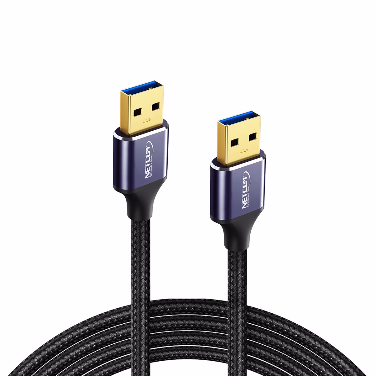 Cable USB Macho a Macho de 5 Metros USB 3.0 5Gbps NETCOM PE-US0035: Máximo Alcance para tus Periféricos Cable USB Macho a Macho de 5MT USB 3.0 5Gbps NETCOM PE-US0035: Máximo Alcance para tus Periféricos, Cable USB 3.0 premium de 5 metros Netcom PE-US0035, mostrando sus dos conectores macho USB-A con cabezales de aleación de aluminio, un producto de HD Multimedia PERU SAC.