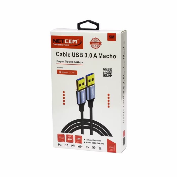 Cable USB Macho a Macho de MT USB  Gbps NETCOM PE US Máximo Alcance para tus Periféricos Cable USB  premium de  metros Netcom PE US mostrando sus dos conectores macho USB A con cabezales de aleación de aluminio un producto de HD Multimedia PERU SAC