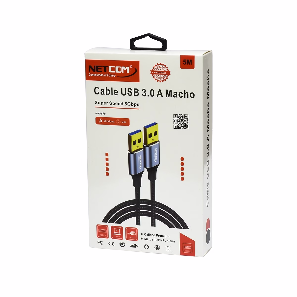 Cable USB Macho a Macho de 5 Metros USB 3.0 5Gbps NETCOM PE-US0035: Máximo Alcance para tus Periféricos Cable USB Macho a Macho de 5MT USB 3.0 5Gbps NETCOM PE-US0035: Máximo Alcance para tus Periféricos, Cable USB 3.0 premium de 5 metros Netcom PE-US0035, mostrando sus dos conectores macho USB-A con cabezales de aleación de aluminio, un producto de HD Multimedia PERU SAC.