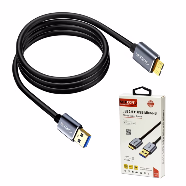 Cable USB a Micro-B de 1MT para Disco Externo (USB 3.0 a Micro-B USB 3.0 5Gbps) NETCOM PE-CA1002, Cable premium USB 3.0 a Micro-B Netcom PE-CA1002 de 1 metro, mostrando el conector USB-A y el conector ancho Micro-B 3.0 para discos duros, un producto de HD Multimedia PERU SAC.